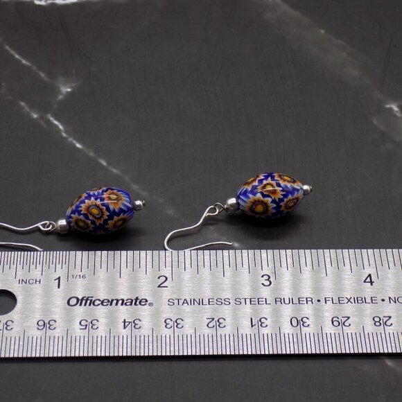 925 Sterling Silver Blue Glass Earrings Floral Beads Millefiori Style Signed FAS - Picture 5 of 5